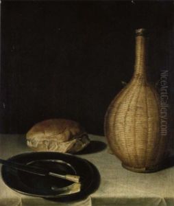 Stilleben Mit Messer, Zinnteller, Kleinem Brot Und Korbflasche