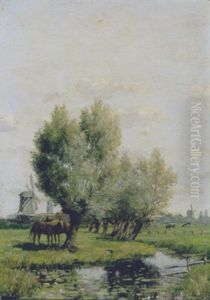 Polderlandschap Met Paarden Onder Een Boom by Sieger Baukema