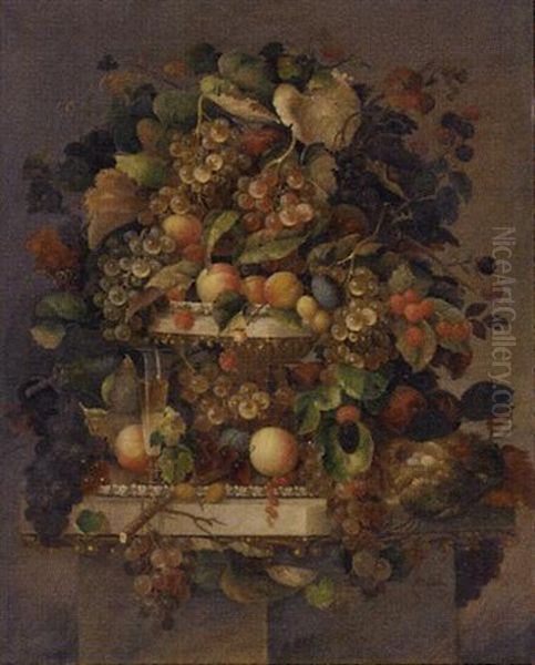 Still Life With Fruit, Champagne Flute And Bird's Nest On A Marble Ledge - view 1