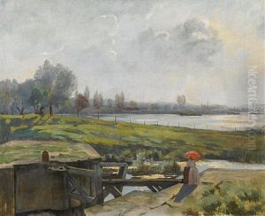 Dame Mit Rotem Schirm An Der Schleuse