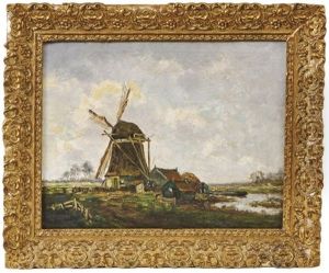 Windmuhle Und Katen An Einem Flusslauf