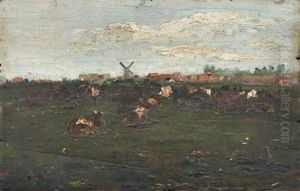 Nordische Landschaft Mit Windmuhle Und Kuhen by Paul Baum