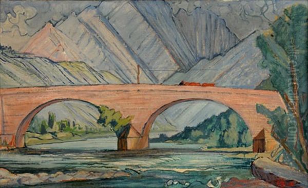 Voralpine Flusslandschaft Mit Brucke - view 1