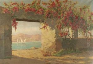Durchblick Mit Rotregen Auf Eine Italienische (?) Bucht Mit Segelschiffen by Hermann Baumeister