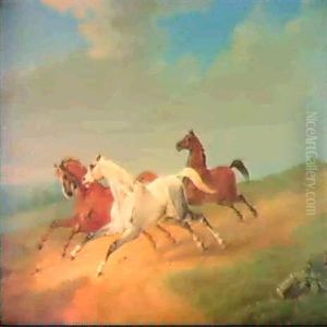 Grauschimmel Und 2 Braune Araberpferde In Vollem Galopp Auf Abschussigem, Zerfurchtem Sandweg by Johann Wilhelm Baumeister