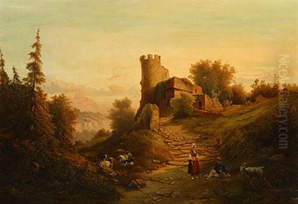 Chevrier Et Fille Dans Un Paysage Avec Ruine - view 1