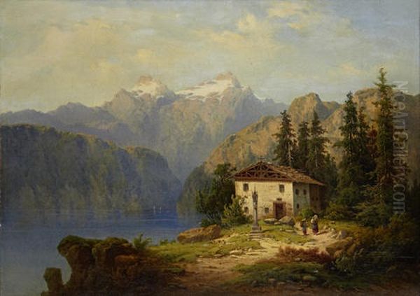 Alpine Lake Scene With Figures Before A Cottage - view 1