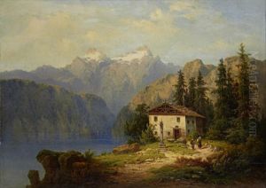 Alpine Lake Scene With Figures Before A Cottage by Henri Baumgartner