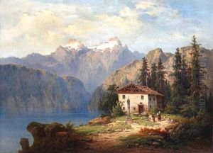 Alpine Lake Landscape With Figures Before A Cottage On A Bank