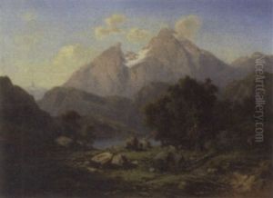 Travellers Resting In An Alpine Landscape by Henri Baumgartner