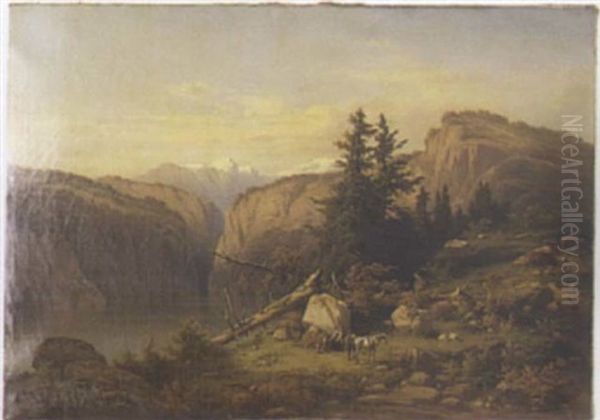 Mountainous Landscape Depicting A Family Picnicking By A Stream - view 1
