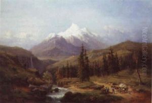 Travellers On A Track In An Alpine Valley With Mountains Beyond by Henri Baumgartner