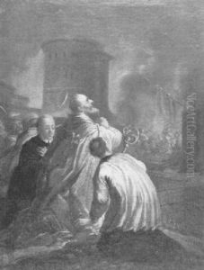 A Bishop Saint On The Ramparts Of The City, A Battle Below