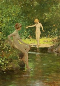 Two Nudes Dipping Their Feet In A Pond