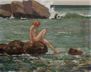Nude Seated On Rocks In Ocean Landscape by John Jay Baumgartner