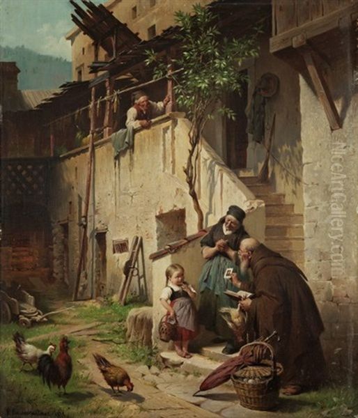 Franziskaner Einem Kleinen Madchen Andachtsbildchen Schenkend. Verlegen Reagierend Wird Es Von Seinen Grosseltern Beobachtet - view 1