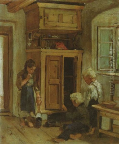 Spielende Kinder In Der Bauernkuche Vor Einem Offenen Schrank - view 1