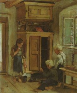Spielende Kinder In Der Bauernkuche Vor Einem Offenen Schrank