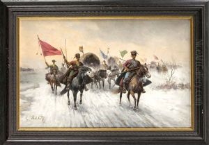Zug Von Kosaken In Verschneiter Landschaft by Adolf (Constantin) Baumgartner-Stoiloff