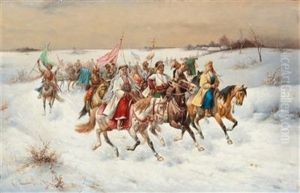 Wedding Procession In A Winter Landscape by Adolf (Constantin) Baumgartner-Stoiloff