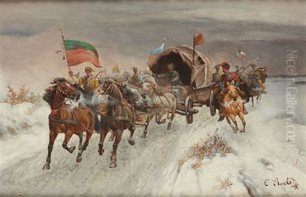 Chariot Attele Dans Un Paysage Enneige - view 1