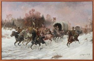Riding Cossacks With Carriage In Snowy Landscape by Adolf (Constantin) Baumgartner-Stoiloff