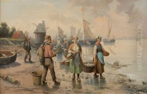 Fishermen By The Shore by Adolf (Constantin) Baumgartner-Stoiloff