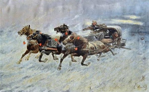 Troika In Winter Being Pursued By Wolves - view 1