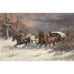 Winterlandschaft Mit Galoppierenden Kosaken Und Troika by Adolf (Constantin) Baumgartner-Stoiloff