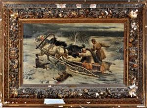 A Winter Scene With Wolves Attacking A Speeding Troika by Adolf (Constantin) Baumgartner-Stoiloff