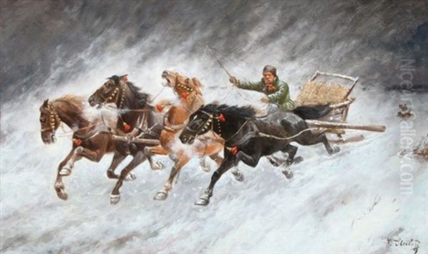 Nocturnal Winter Scene Of A Sleigh Driver Chased By Wolves - view 1