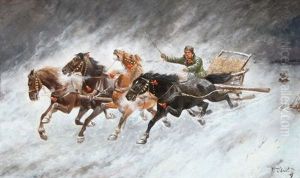 Nocturnal Winter Scene Of A Sleigh Driver Chased By Wolves by Adolf (Constantin) Baumgartner-Stoiloff