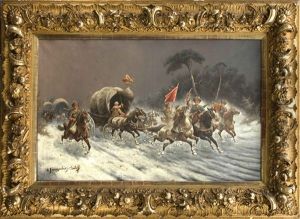Eine Sehr Grose Variante Dieses Motivs Mit Einem Uberfall Auf Ein Gespann In Verschneiter Landschaft