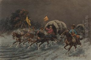 Sibirischer Reiterzug In Vollem Galopp by Adolf (Constantin) Baumgartner-Stoiloff