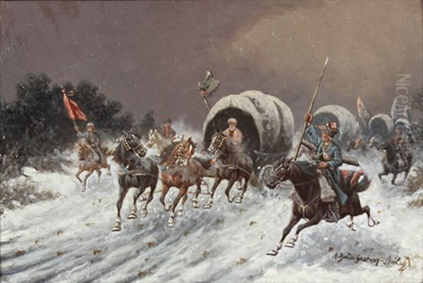 Troikas Und Berittene Kosaken In Einer Winterlandschaft - view 1