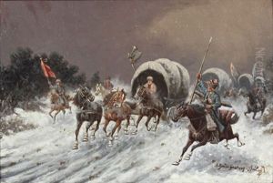 Troikas Und Berittene Kosaken In Einer Winterlandschaft by Adolf (Constantin) Baumgartner-Stoiloff