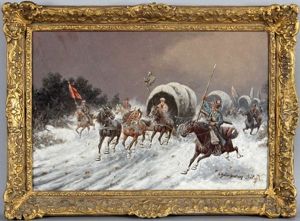 Troikas Und Berittene Kosaken In Einer Winterlandschaft by Adolf (Constantin) Baumgartner-Stoiloff