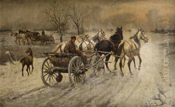 Vierspanniger Pferdewagen In Weiter Winterlicher Landschaft - view 1