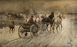 Vierspanniger Pferdewagen In Weiter Winterlicher Landschaft by Adolf (Constantin) Baumgartner-Stoiloff