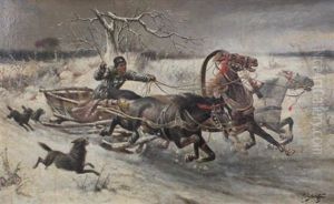 Troika Chased By Wolves by Adolf (Constantin) Baumgartner-Stoiloff