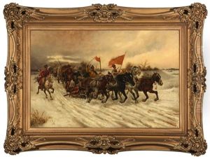 War And Peace, Russian Cossacks Riding In Winter by Adolf (Constantin) Baumgartner-Stoiloff