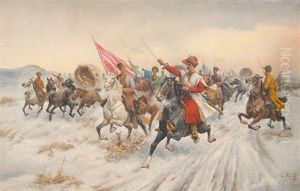 Attacking Cossacks by Adolf (Constantin) Baumgartner-Stoiloff