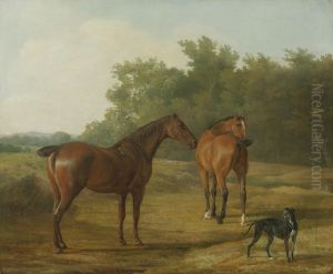 Two Horses And A Greyhound In A Landscape by Jacques Laurent Agasse