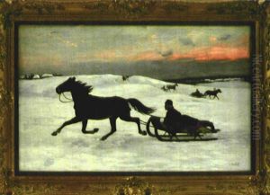 Pferdeschlitten In Verschneiter Landschaft by Adolf (Constantin) Baumgartner-Stoiloff