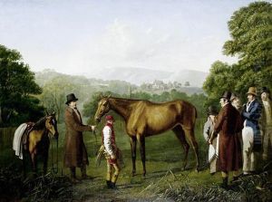 A Bay Racehorse Held By A Trainer In An Extensive Landscape