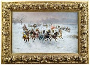 Grosser Reiterzug Der Kosaken Im Winter by Adolf (Constantin) Baumgartner-Stoiloff