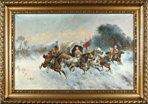 Winterlandschaft Mit Dreispannigem Planwagen Flankiert Von Reitenden Kosaken Mit Lanze, Trompete Und Standarte