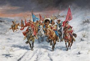Ein Groser Reiterzug Der Kosaken Im Winter by Adolf (Constantin) Baumgartner-Stoiloff