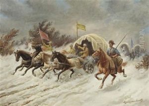 Reitende Kosaken Im Schnee by Adolf (Constantin) Baumgartner-Stoiloff