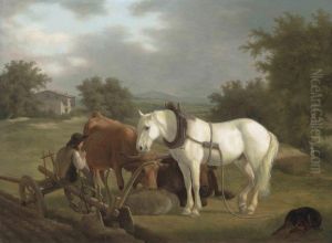 A Rural Landscape With A Ploughman Resting With His Grey Horse,cattle And Dog by Jacques Laurent Agasse